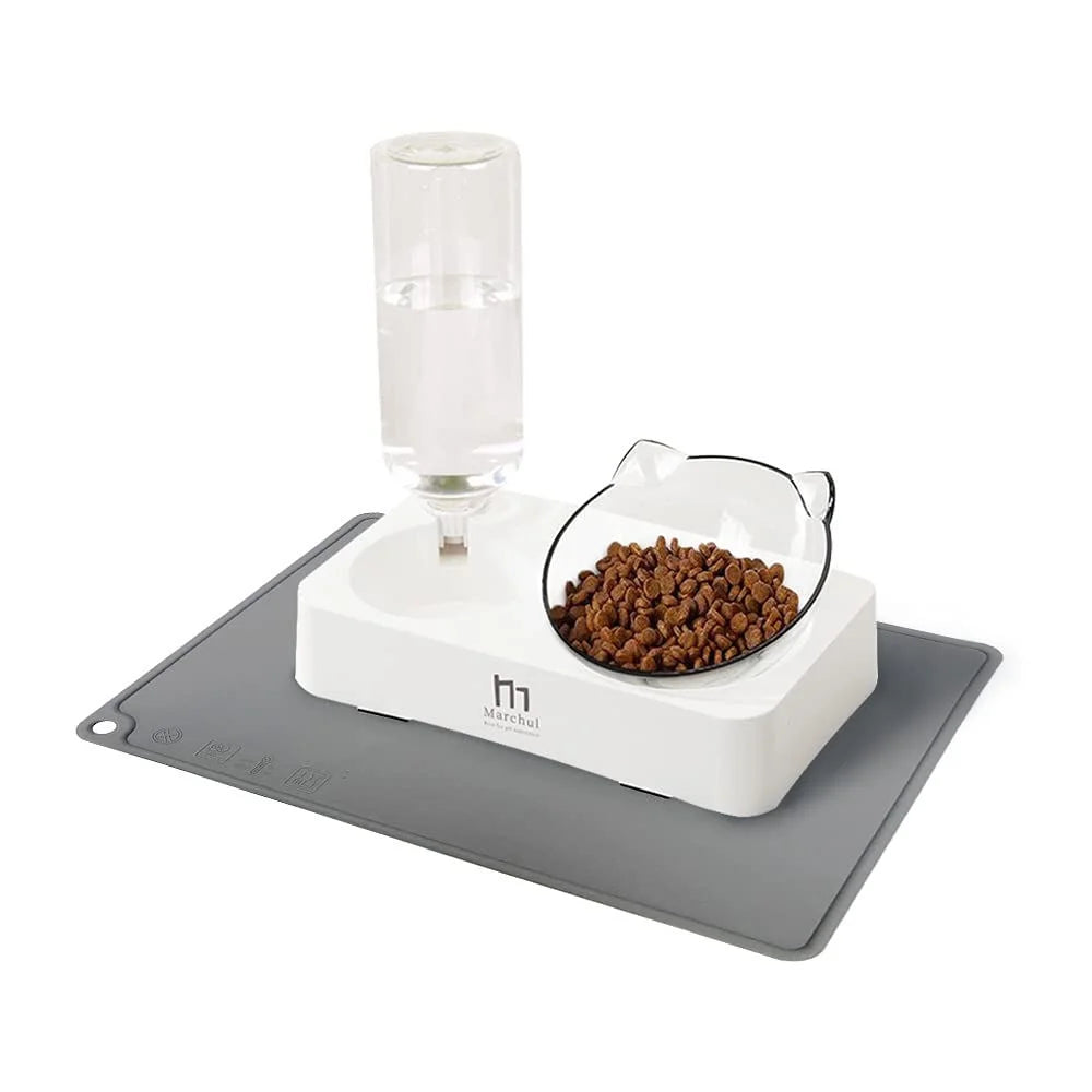 Raised Three Cat Dishes Food and Water Bowl with Automatic Water Bottle for Cats